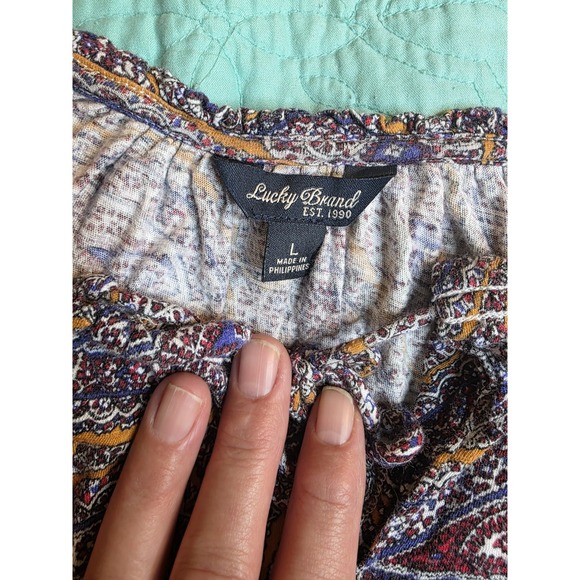 Lucky Brand Women's Size Large Multicolor Paisley 3/4 S‎ Tie Front Peasant Top - Picture 3 of 9